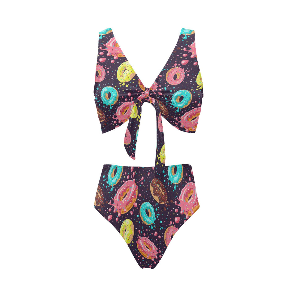 Colorful donut glaze pattern Chest Bowknot High Waisted Bikini Swimsuit