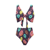 Colorful donut glaze pattern Chest Bowknot High Waisted Bikini Swimsuit