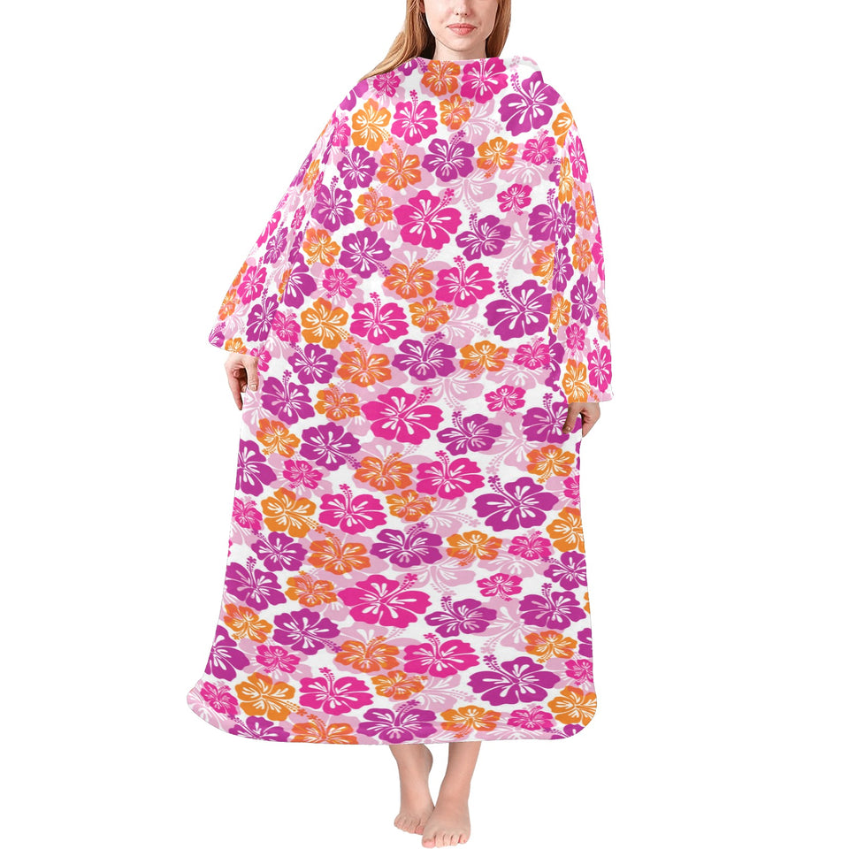 Hibiscus Pattern Print Design 01 Blanket Robe with Sleeves