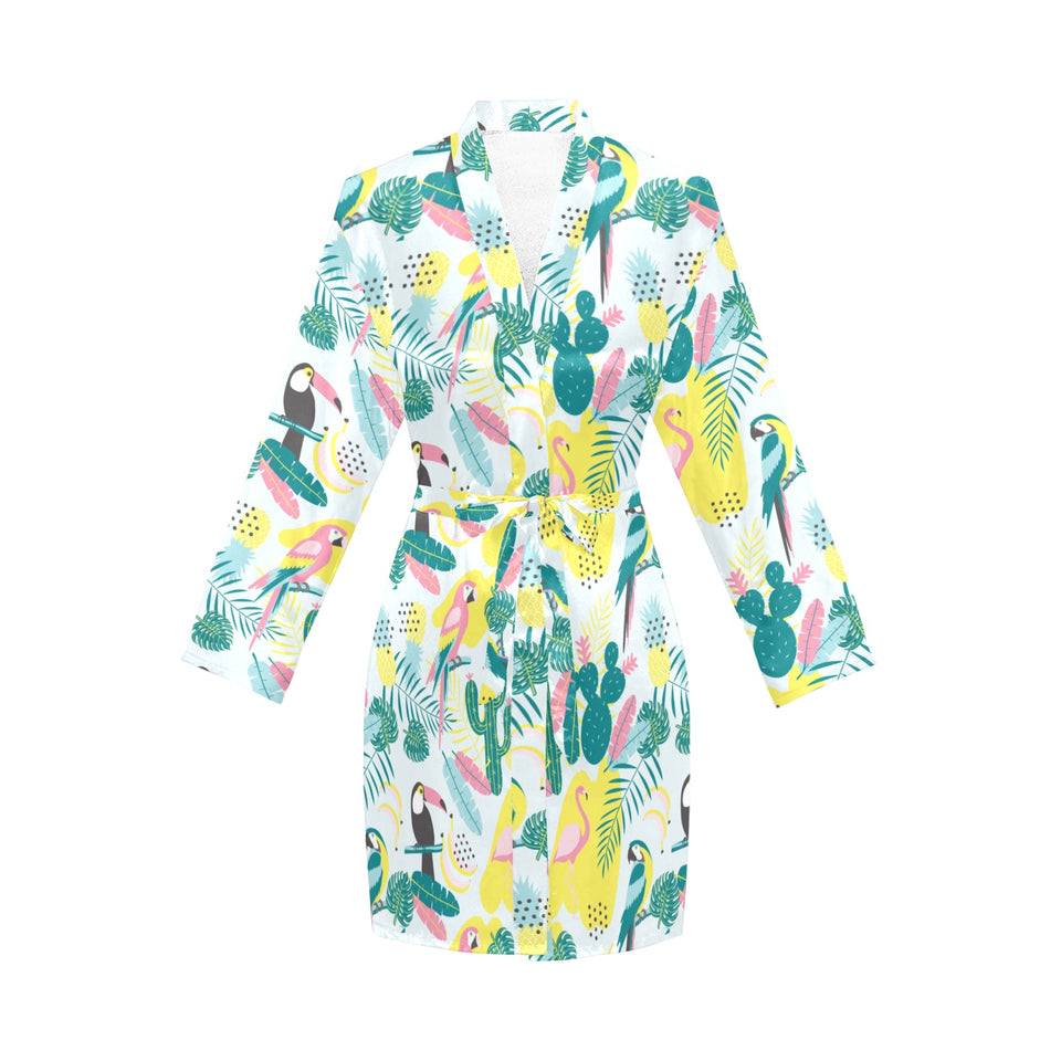 Cute parrot toucan flamingo cactus exotic leaves p Women's Long Sleeve Belted Night Robe