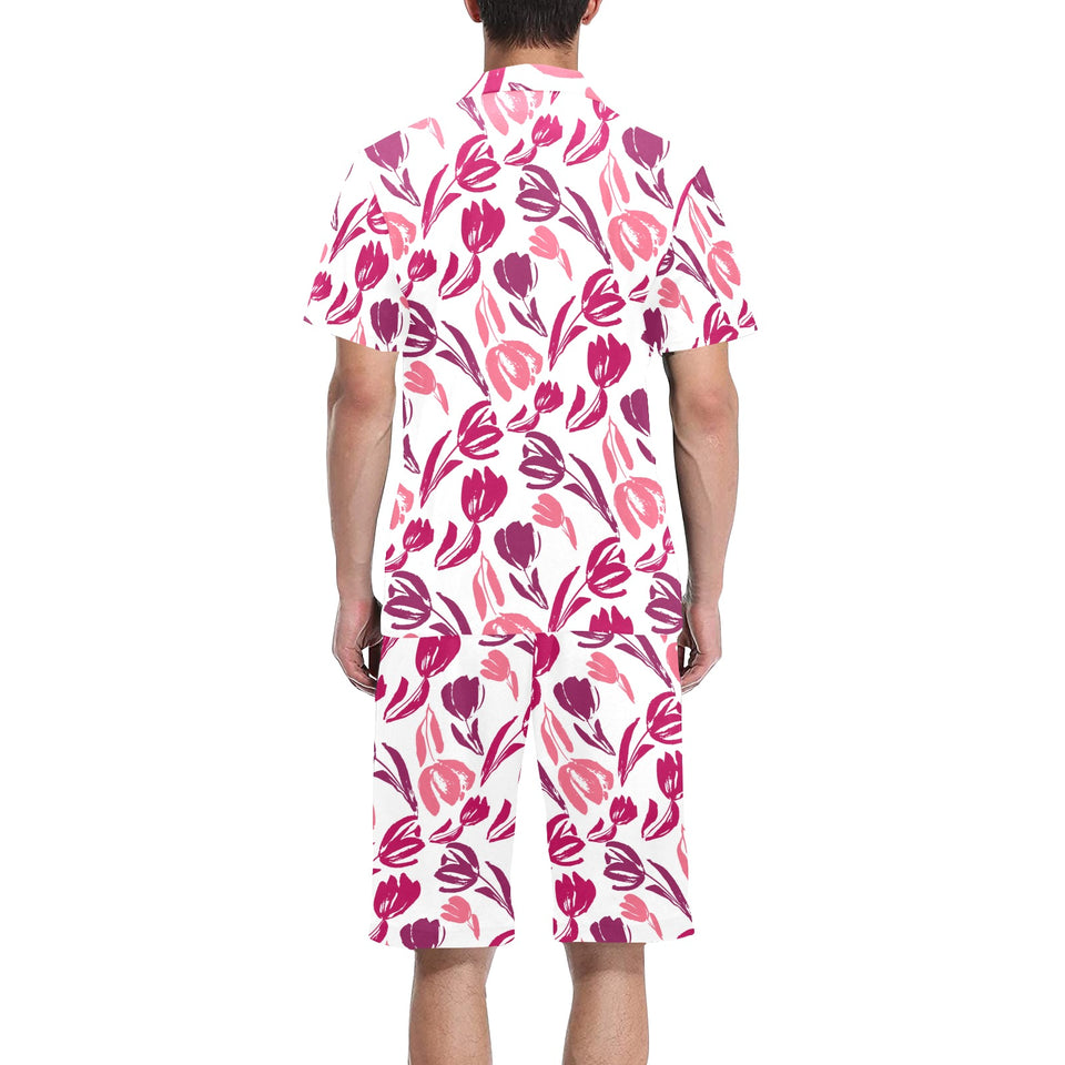pink sketch tulip pattern Men's V-Neck Short Pajama Set