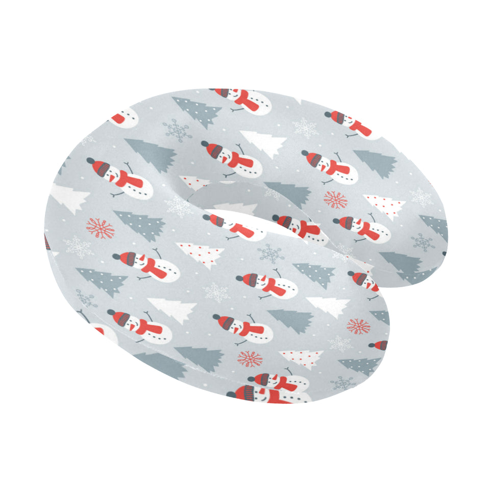 Snowman christmas  tree snow gray background U-Shaped Travel Neck Pillow