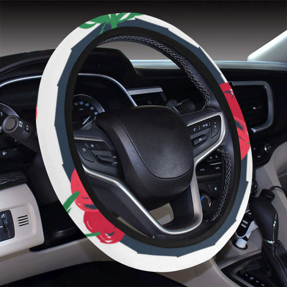 Hand drawn cherry pattern striped background Car Steering Wheel Cover