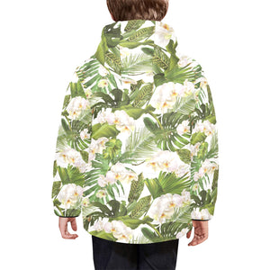 White orchid flower tropical leaves pattern Kids' Boys' Girls' Padded Hooded Jacket