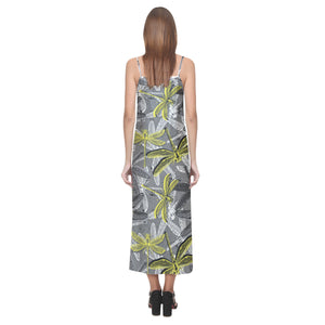 Hand drawn dragonfly pattern V-Neck Open Fork Long Dress
