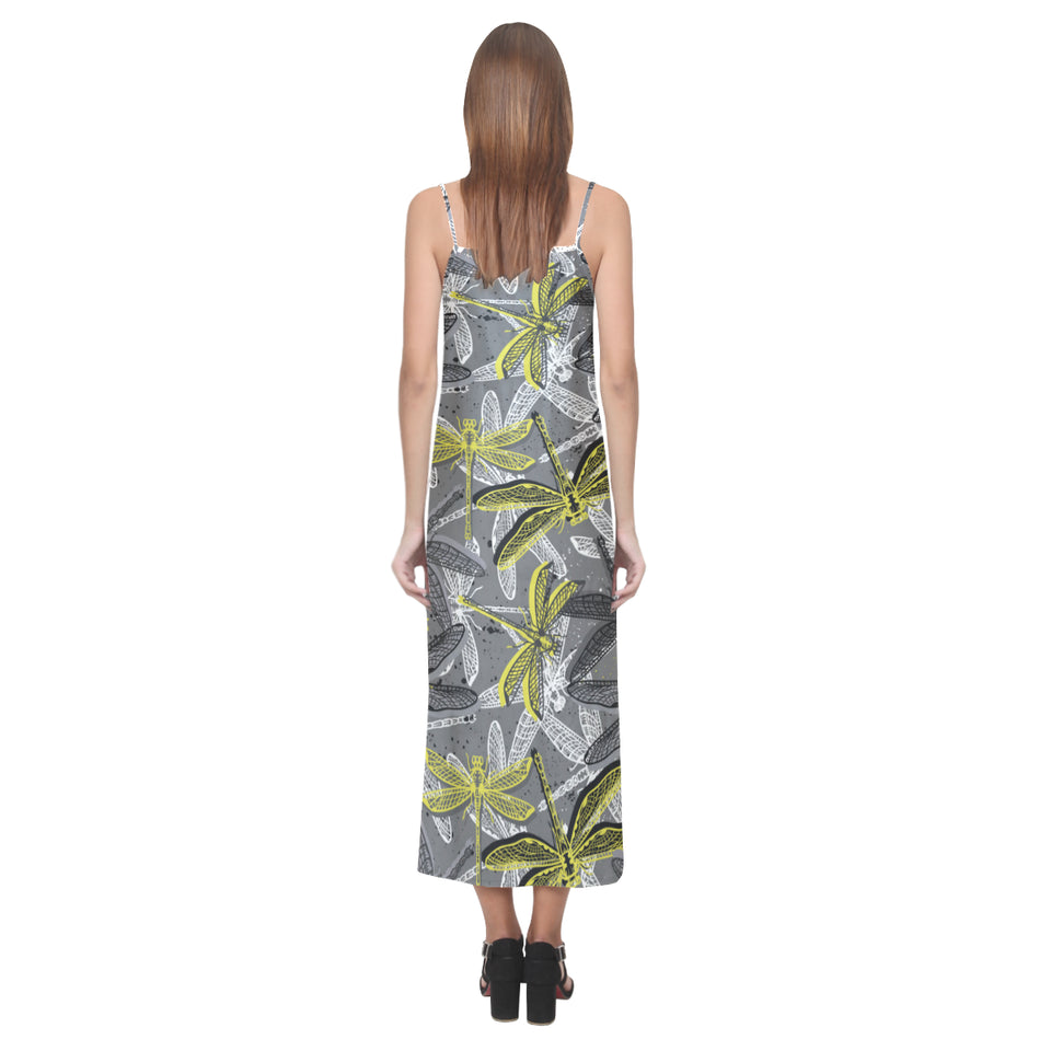 Hand drawn dragonfly pattern V-Neck Open Fork Long Dress
