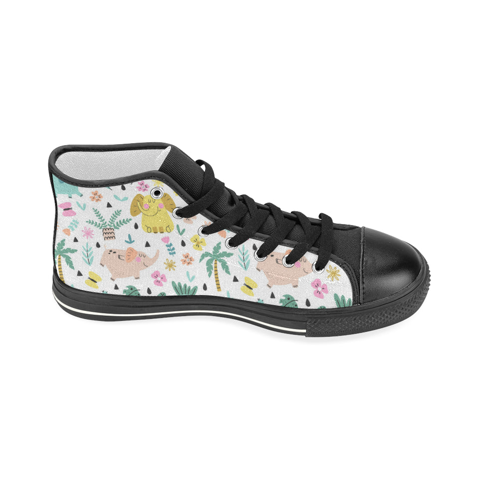 Cute elephants palm tree flower butterfly pattern Women's High Top Canvas Shoes Black