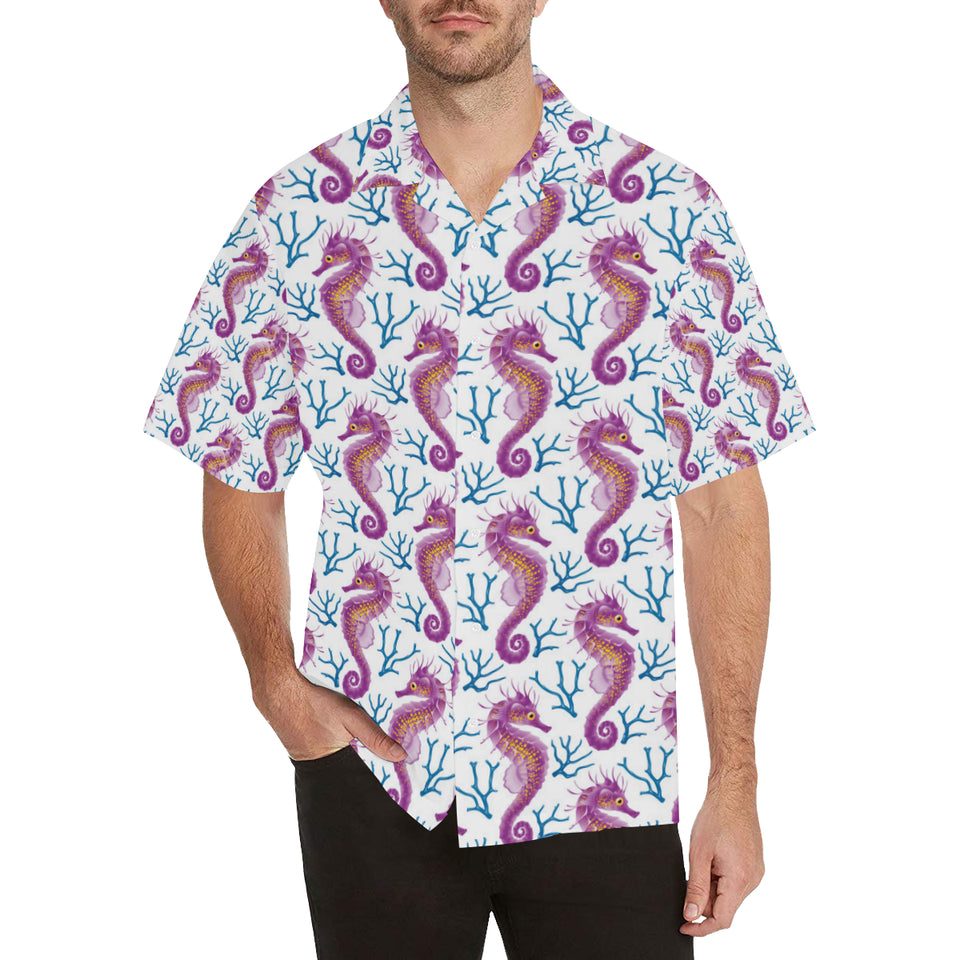 Purple seahorse blue coral pattern Men's All Over Print Hawaiian Shirt