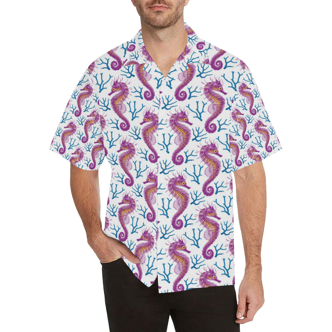 Purple seahorse blue coral pattern Men's All Over Print Hawaiian Shirt