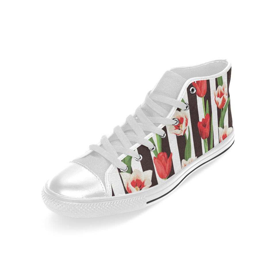 red and white tulips pattern Men's High Top Canvas Shoes White