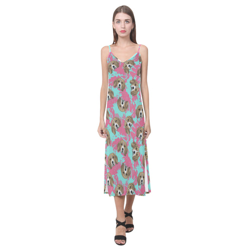 Beagle muzzles turquoise paint splashes pink patte V-Neck Open Fork Long Dress