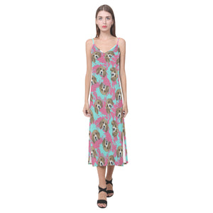 Beagle muzzles turquoise paint splashes pink patte V-Neck Open Fork Long Dress