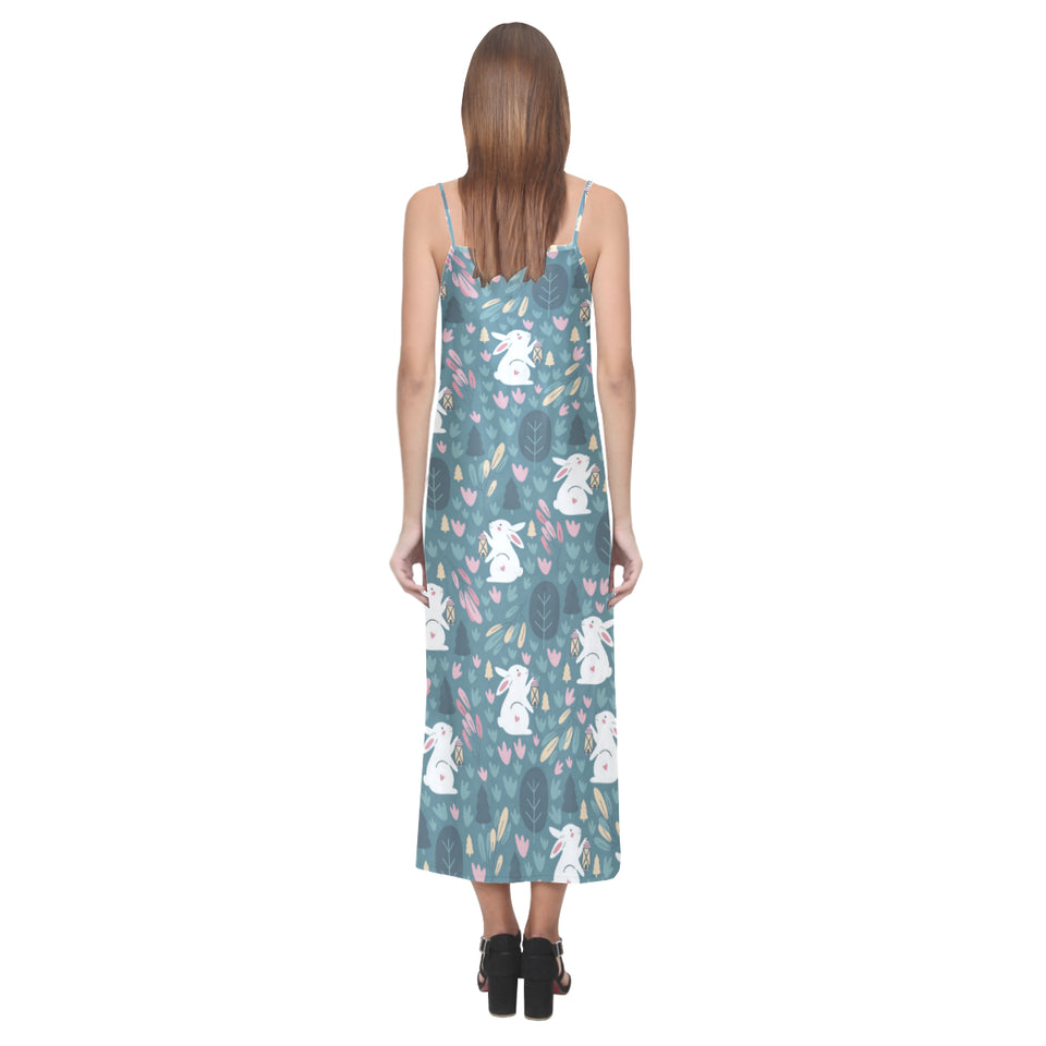 Cute rabbit pattern V-Neck Open Fork Long Dress