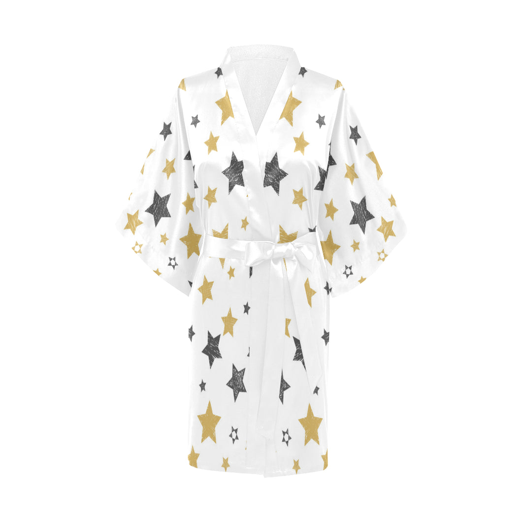 hand drawn gold black star pattern Women's Short Kimono Robe