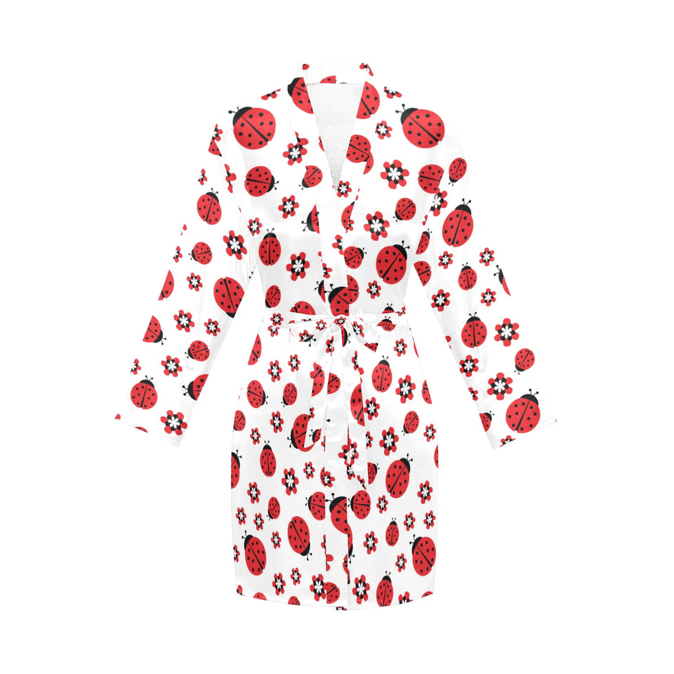 Ladybug Pattern Print Design 04 Women's Long Sleeve Belted Night Robe