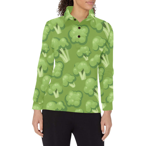 Broccoli pattern green background Women's Long Sleeve Polo Shirt