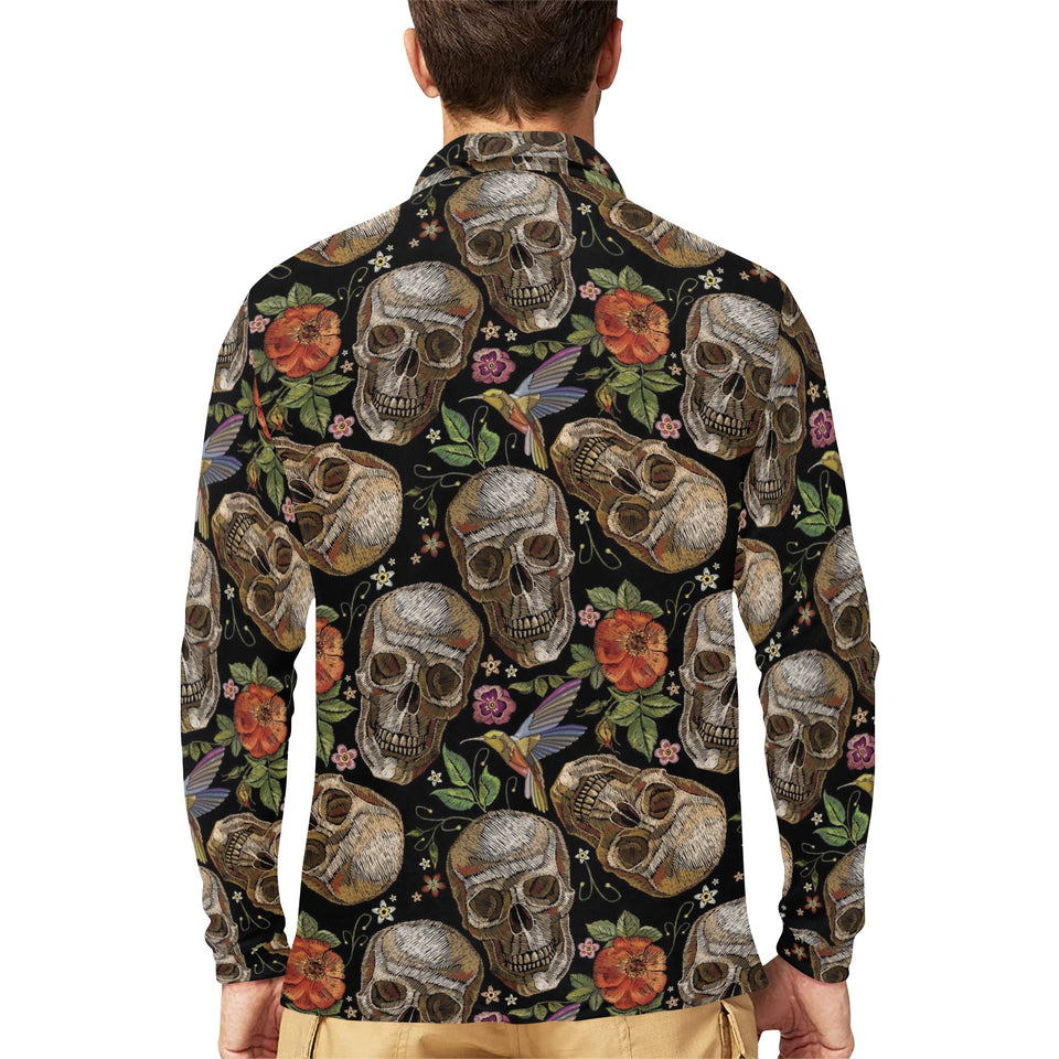 Skull rose humming bird flower pattern Men's Long Sleeve Polo Shirt