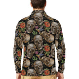 Skull rose humming bird flower pattern Men's Long Sleeve Polo Shirt