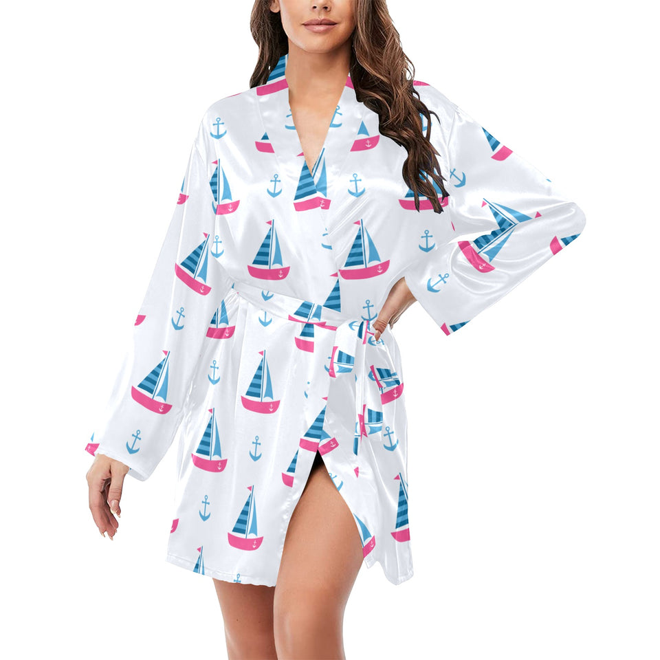 Sailboat anchor pattern Women's Long Sleeve Belted Night Robe