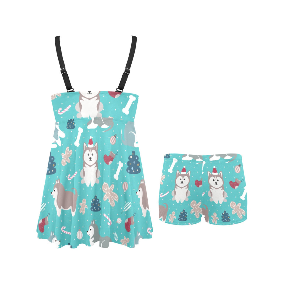 Christmas cute siberian husky puppie pattern Chest Sexy Pleated Two Piece Swim Dress
