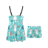 Christmas cute siberian husky puppie pattern Chest Sexy Pleated Two Piece Swim Dress