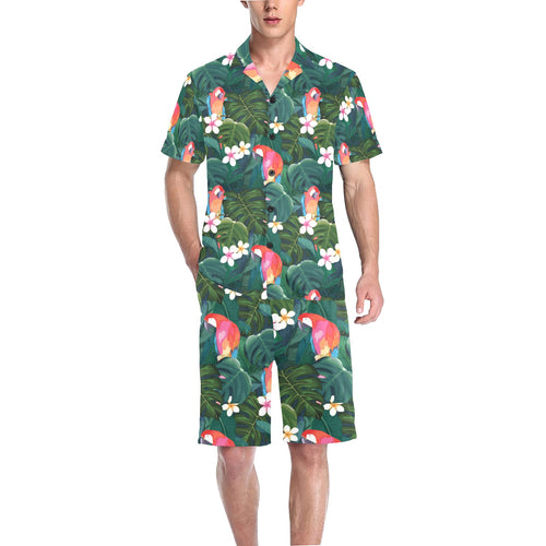 Parrot Palm tree leaves flower hibiscus pattern Men's V-Neck Short Pajama Set
