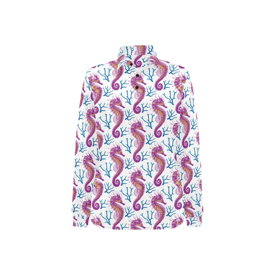 Purple seahorse blue coral pattern Women's Long Sleeve Polo Shirt