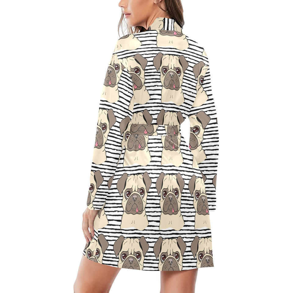 Happy pug pattern Women's Long Sleeve Belted Night Robe