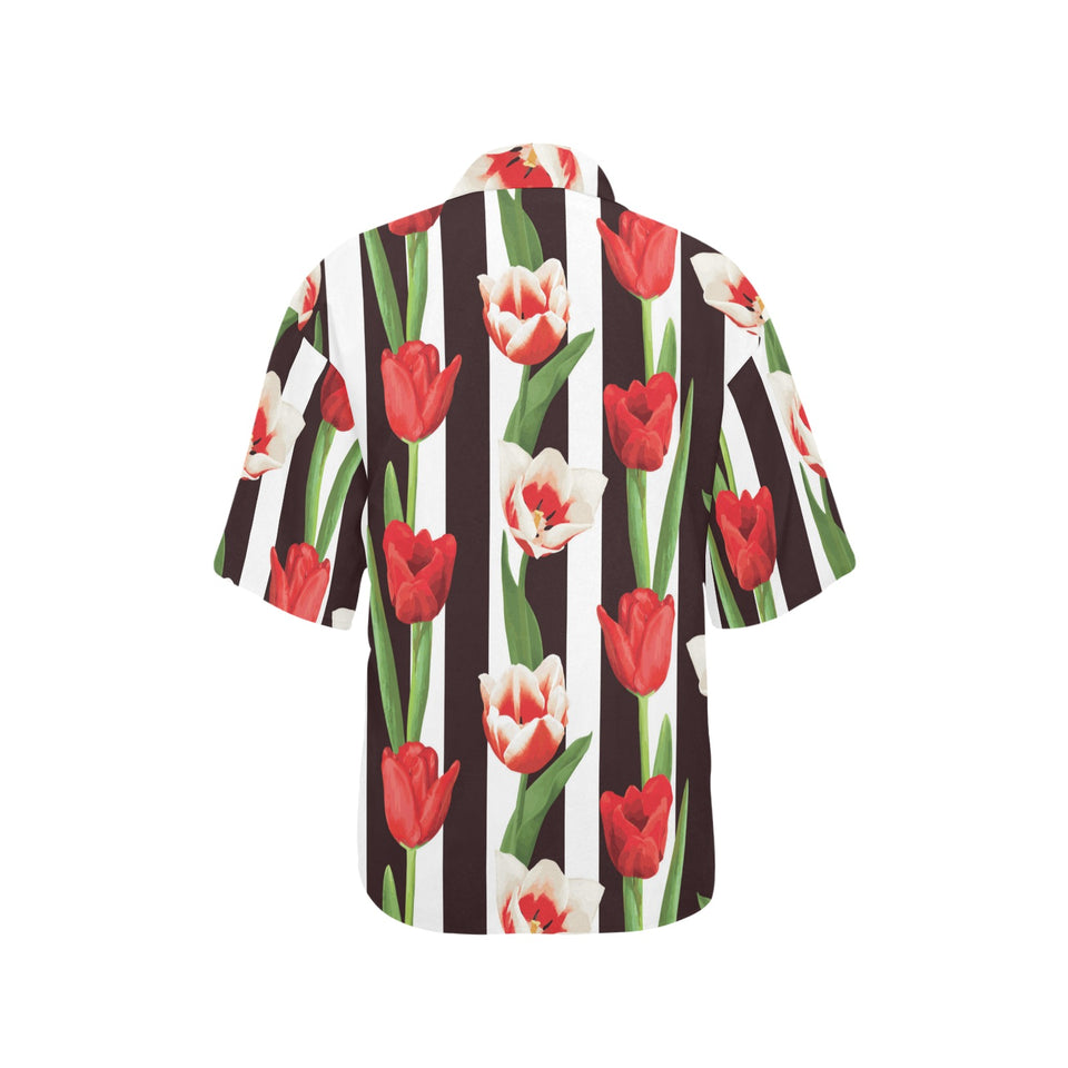 red and white tulips pattern Women's All Over Print Hawaiian Shirt