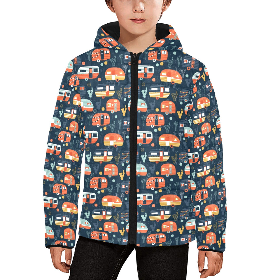 Camper Van Pattern Print Design 05 Kids' Boys' Girls' Padded Hooded Jacket