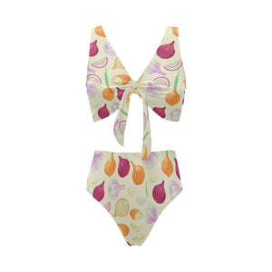 Onion garlic white red pattern Chest Bowknot High Waisted Bikini Swimsuit