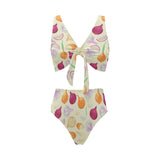 Onion garlic white red pattern Chest Bowknot High Waisted Bikini Swimsuit