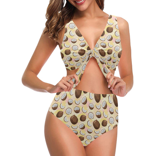 Coconut Pattern Print Design 05 Chest Bowknot High Waisted Bikini Swimsuit
