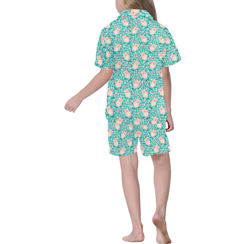 Pig Pattern Print Design 01 Kids' Boys' Girls' V-Neck Short Pajama Set