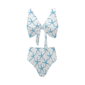 Watercolor starfish pattern Chest Bowknot High Waisted Bikini Swimsuit