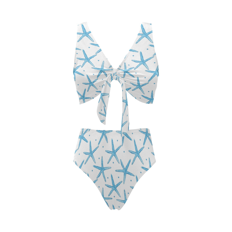 Watercolor starfish pattern Chest Bowknot High Waisted Bikini Swimsuit