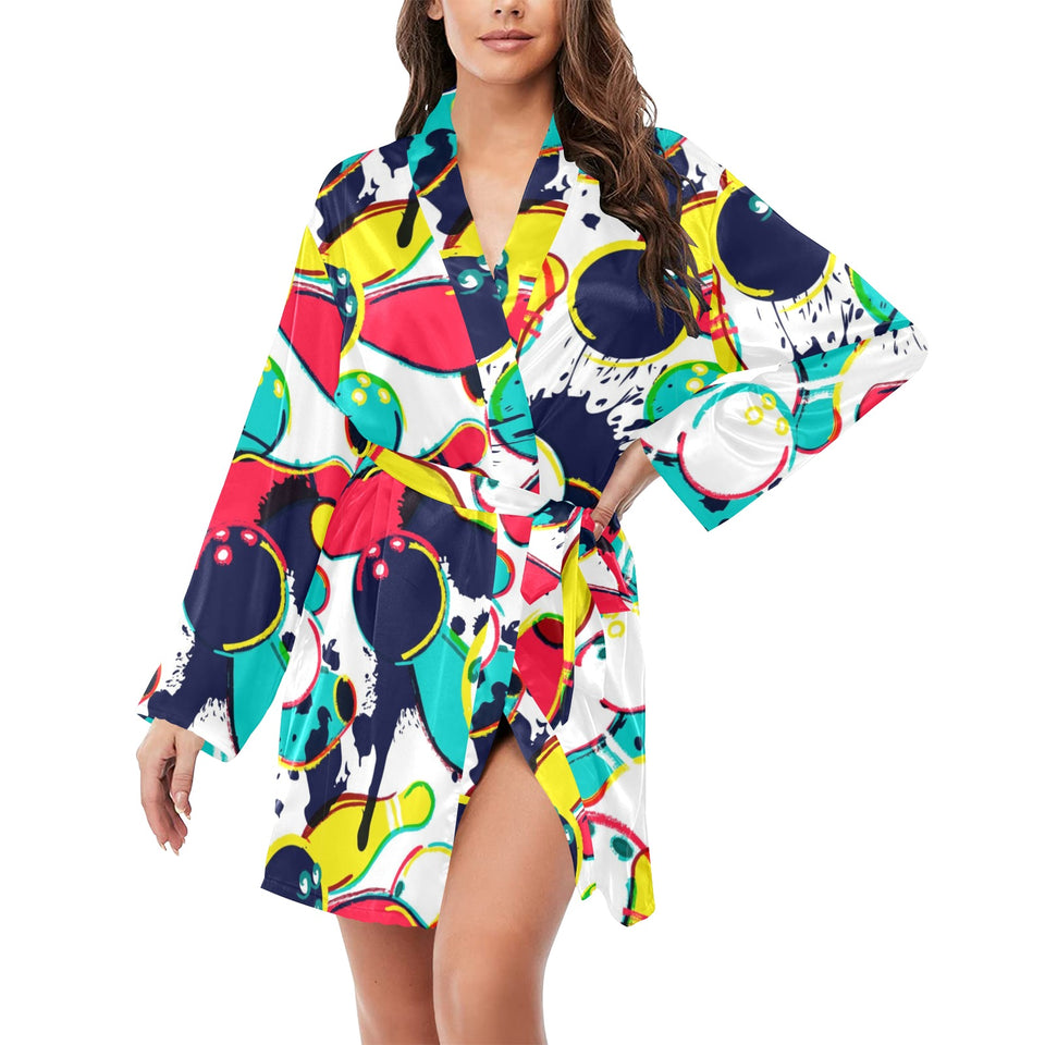 watercolor bowling ball pins Women's Long Sleeve Belted Night Robe