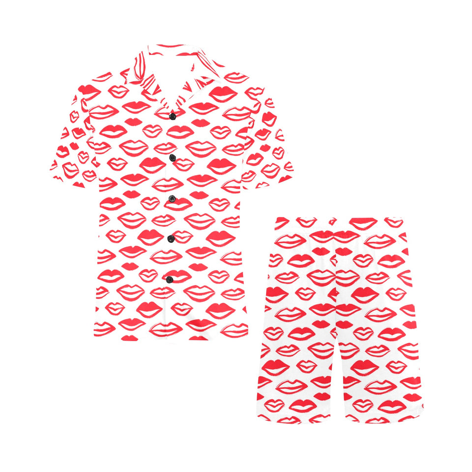Lips Pattern Print Design 05 Men's V-Neck Short Pajama Set