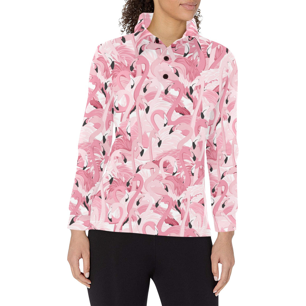 Pink flamingos pattern background Women's Long Sleeve Polo Shirt