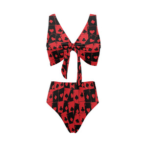 Casino Cards Suits Pattern Print Design 02 Chest Bowknot High Waisted Bikini Swimsuit