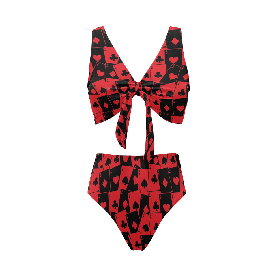 Casino Cards Suits Pattern Print Design 02 Chest Bowknot High Waisted Bikini Swimsuit