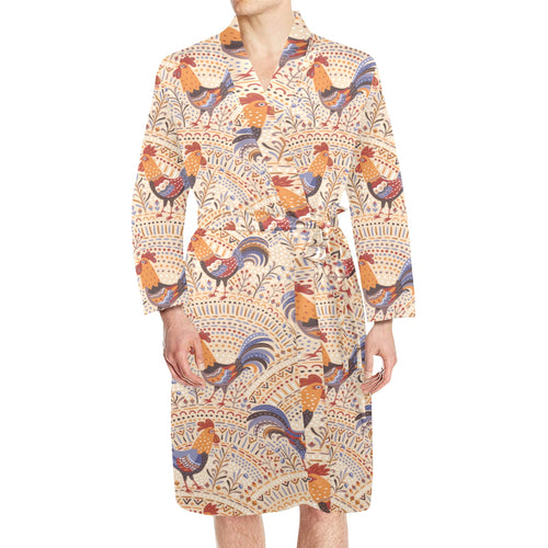 Cute rooster chicken cock floral ornament backgrou Men's Long Sleeve Belted Night Robe