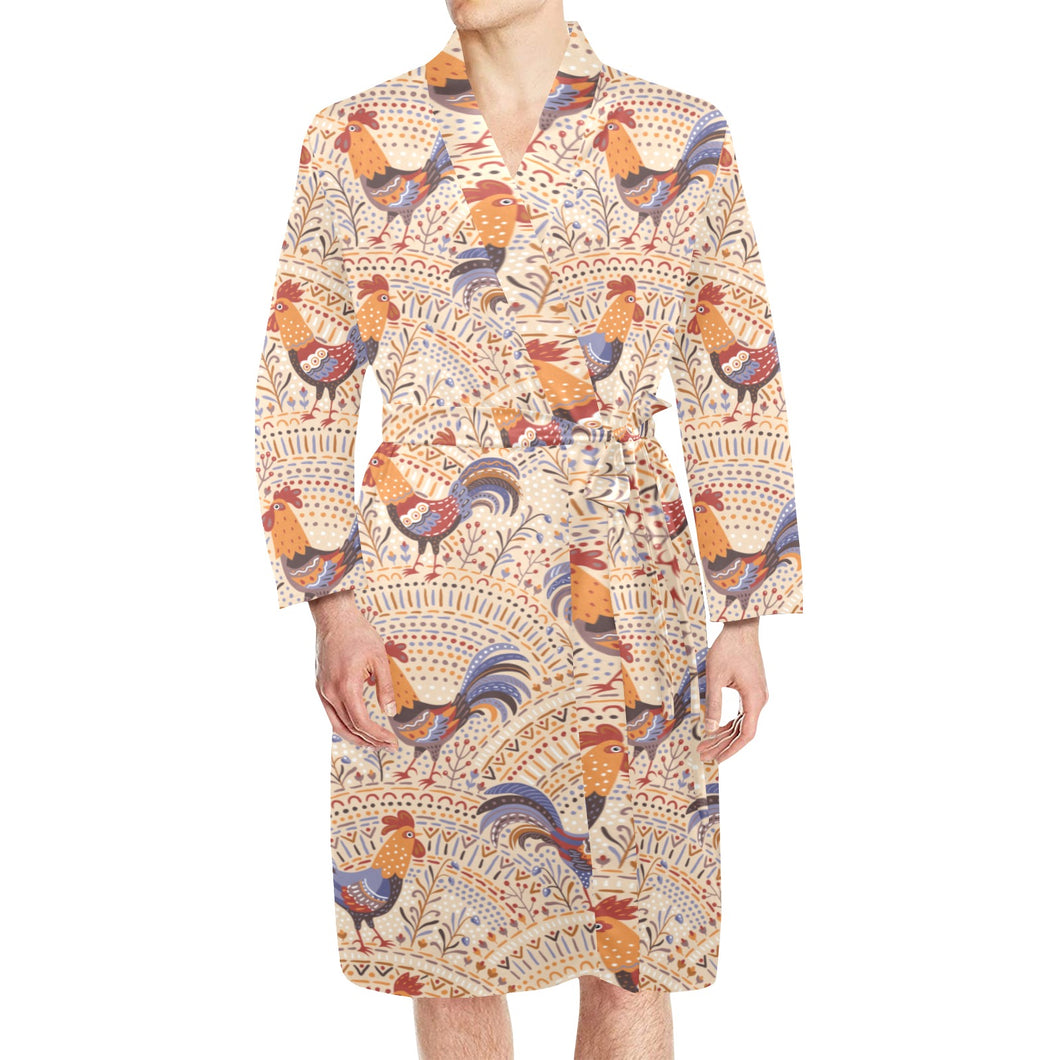 Cute rooster chicken cock floral ornament backgrou Men's Long Sleeve Belted Night Robe