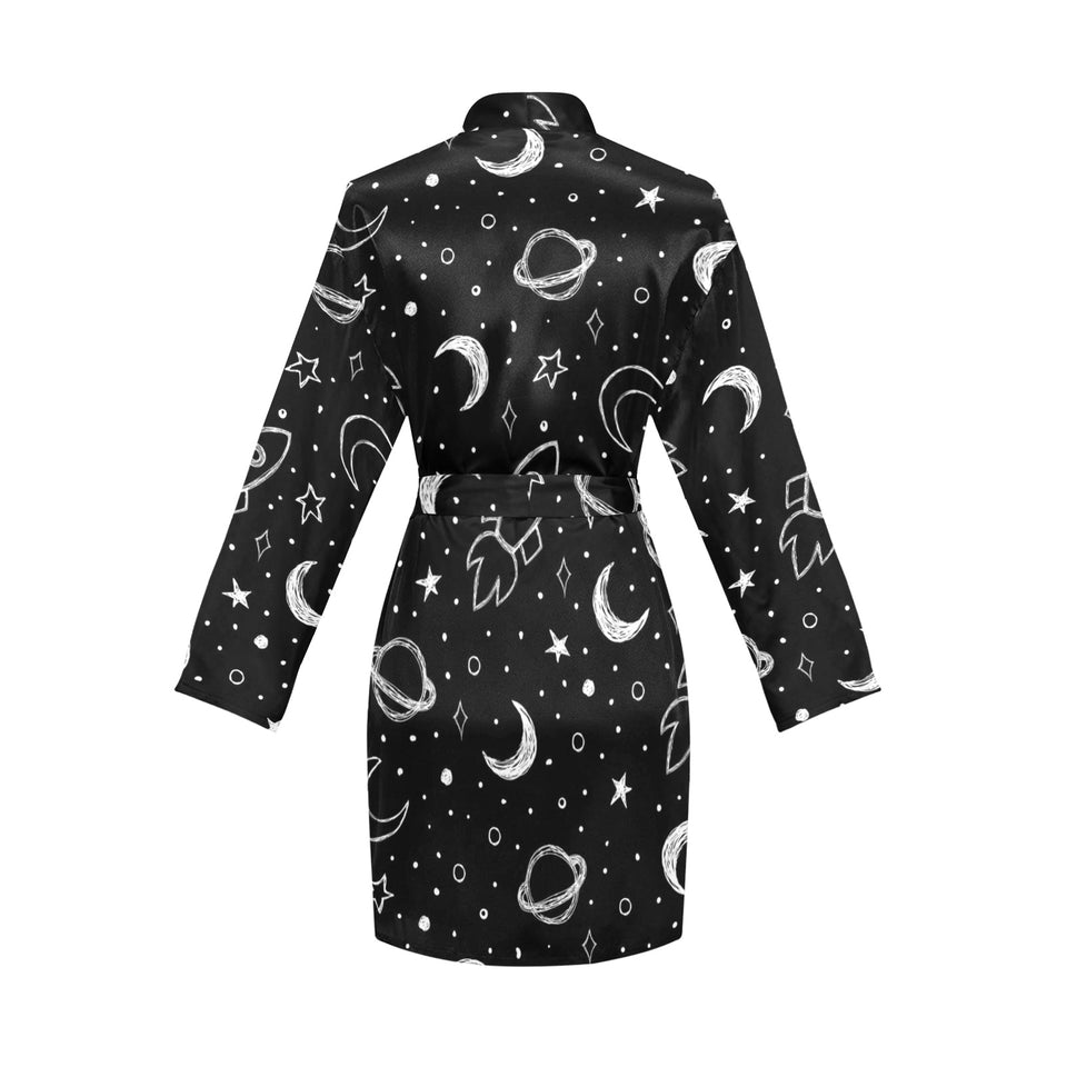 Hand drawn space rocket star planet Women's Long Sleeve Belted Night Robe