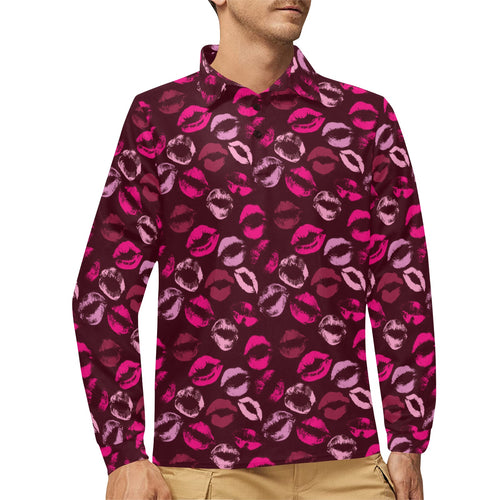 Lips Pattern Print Design 03 Men's Long Sleeve Polo Shirt
