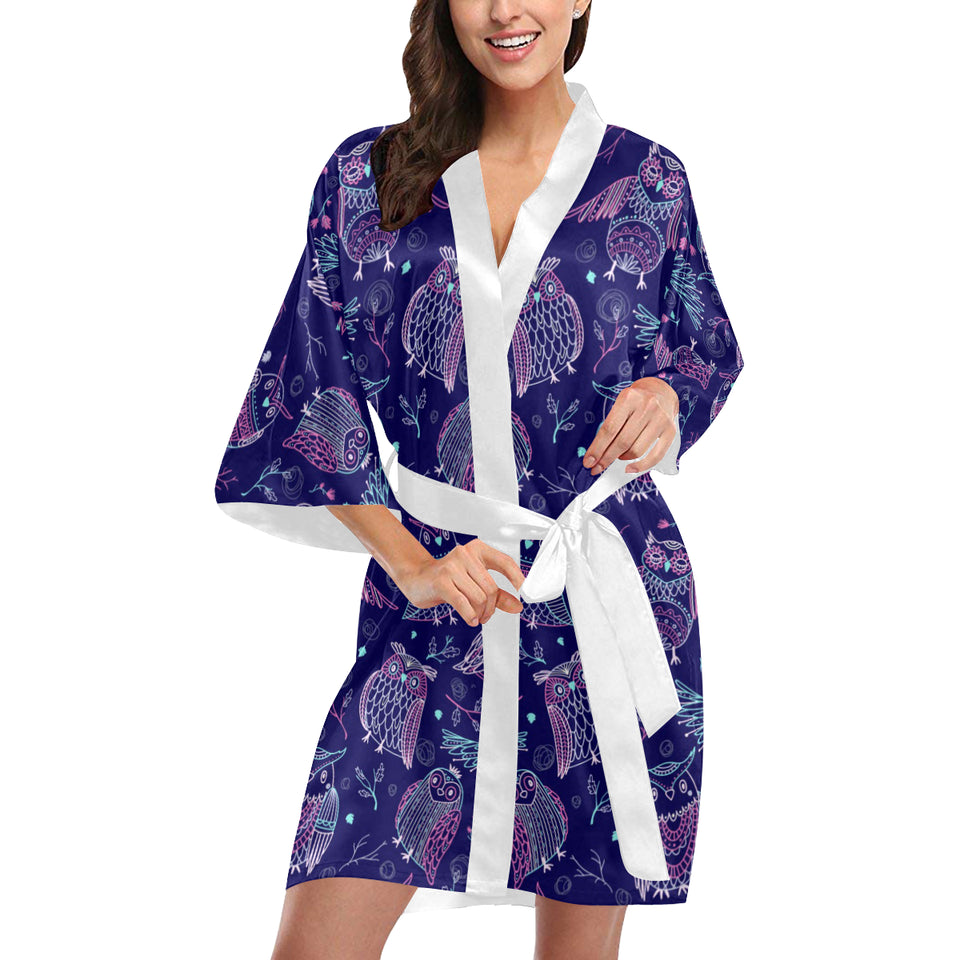 Cute owls pattern boho style ornament Women's Short Kimono Robe