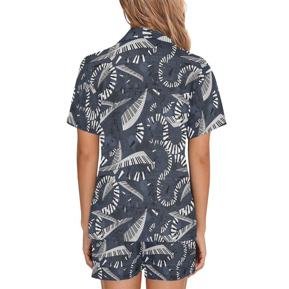 Piano Pattern Print Design 02 Women's V-Neck Short Pajama Set