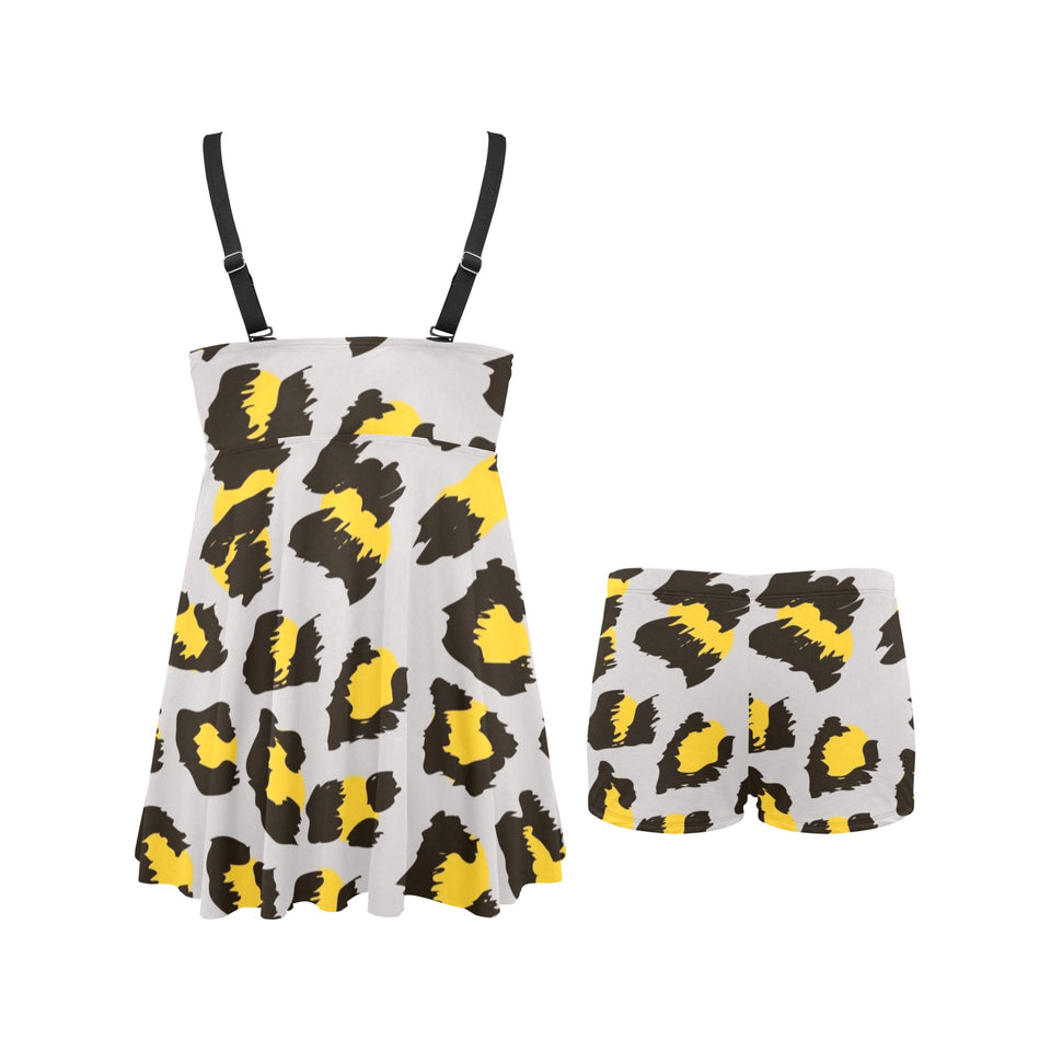 Gray Leopard print pattern Chest Sexy Pleated Two Piece Swim Dress