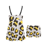 Gray Leopard print pattern Chest Sexy Pleated Two Piece Swim Dress