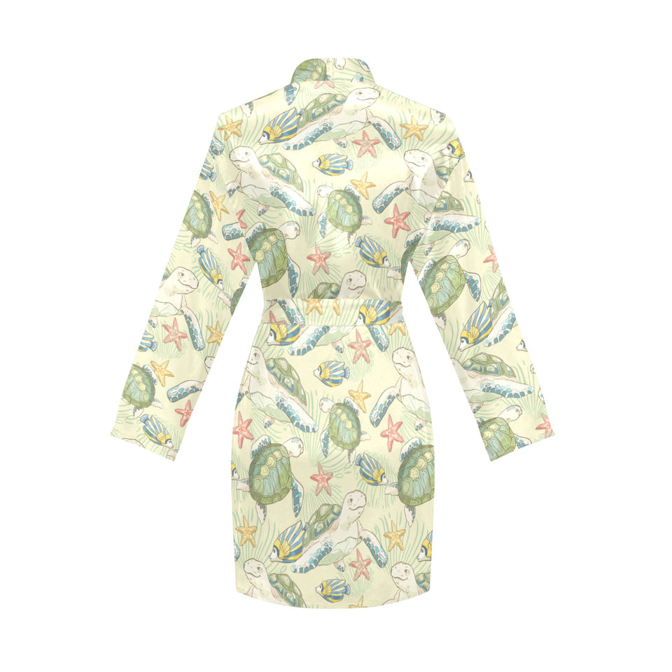 Hand drawn sea turtle fish pattern Women's Long Sleeve Belted Night Robe